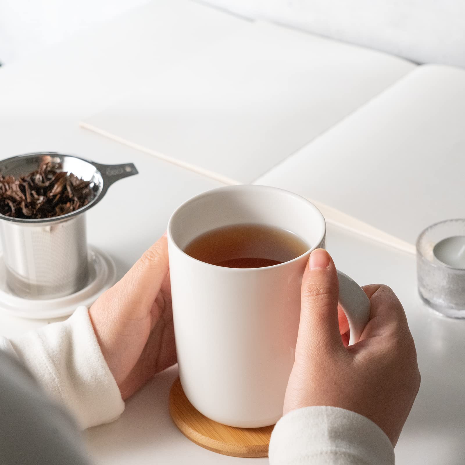 Ceefu Porcelain Tea Mug With Infuser And Lid, With Filter And Coaster, Loose Leaf Tea Cup Steeper Maker, 16 Oz For Tea/Coffee/Mi