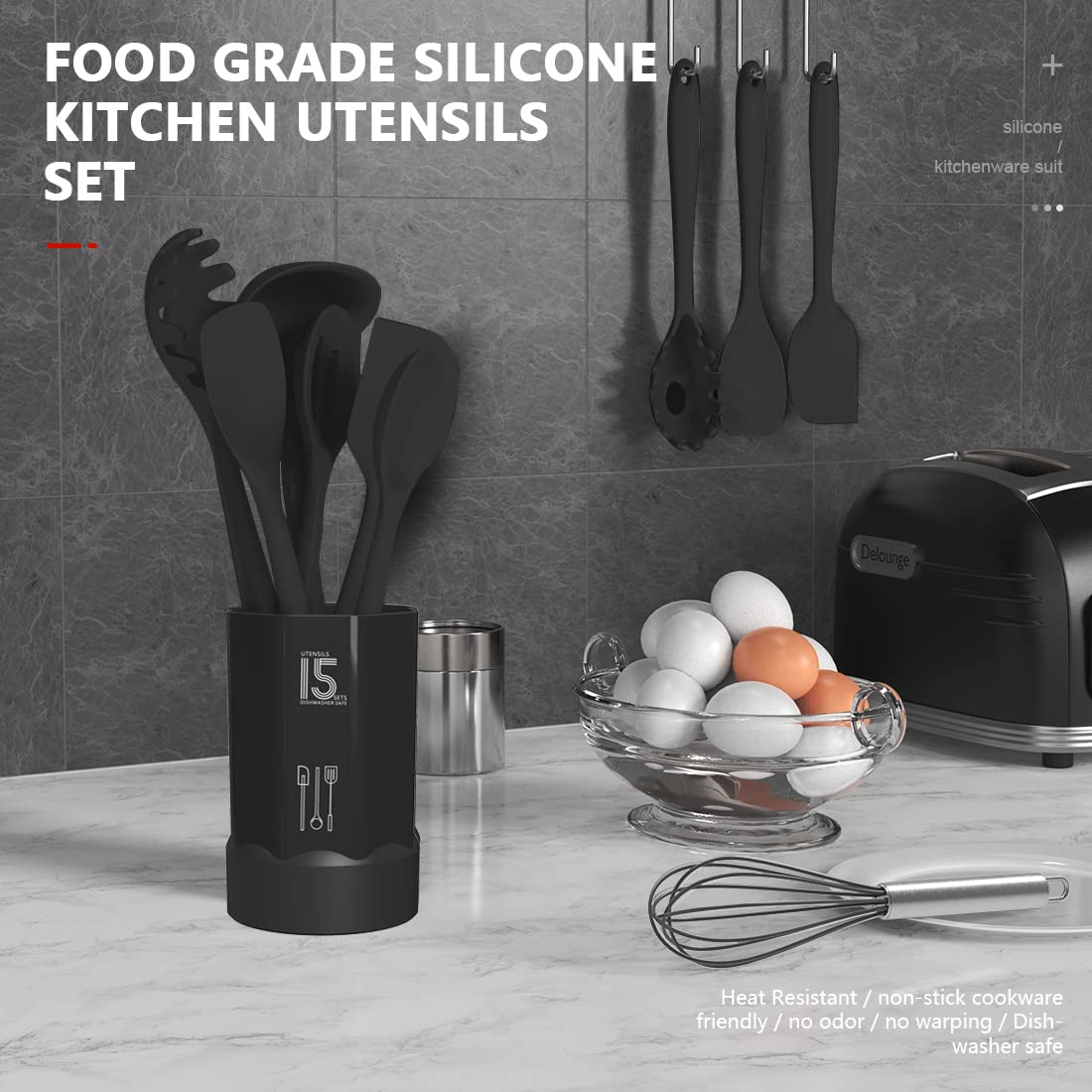 Silicone Cooking Utensils Set - 446F Heat Resistant Kitchen Utensils,Turner Tongs,Spatula,Spoon,Brush,Whisk,Kitchen Utensil Gadg