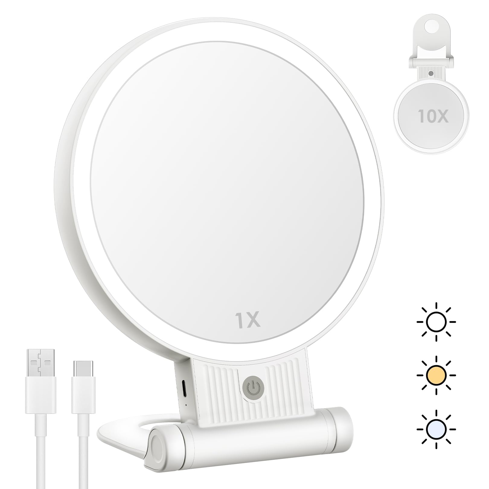 Lukymiro 1X 10X Lighted Makeup Mirror, Rechargeable 8'' Vanity Magnifying Mirror With Lights 3 Color Setting, 2 Sided Led Vanity