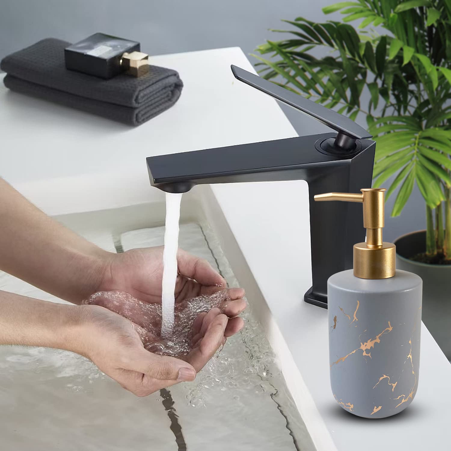Gold Ceramic Soap Dispenser For Bathroom Grey Soap Dispenser For Kitchen Dish Soap Dispenser With Marble Pattern Liquid Hand Soa