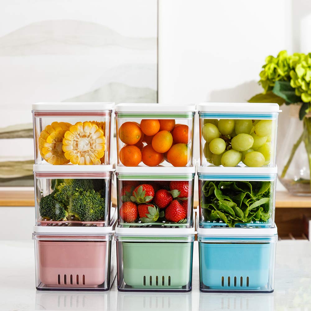 Lille Home Stackable Produce Saver, Organizer Bins/Storage Containers With Removable Drain Tray, Set Of 3, For Refrigerators, Ca