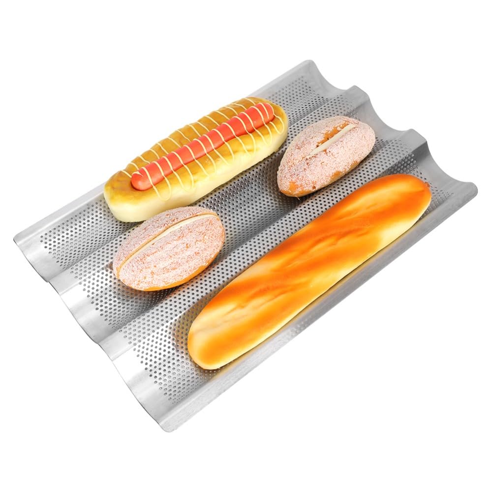 Anu Limen French Bread Baking Pan,3 Groove Perforated 430 Stainless Steel Baguettes Loaf Mould Waves Baking Tray,Silver,38.5 x 2
