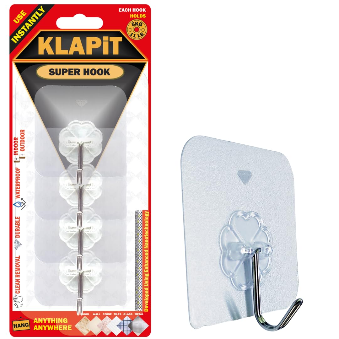 Klapit Super Hook  Heavy Duty Adhesive Wall Hooks, No Drilling, Waterproof, DamageFree Hanging Solution For Bedroom, Bathroom,