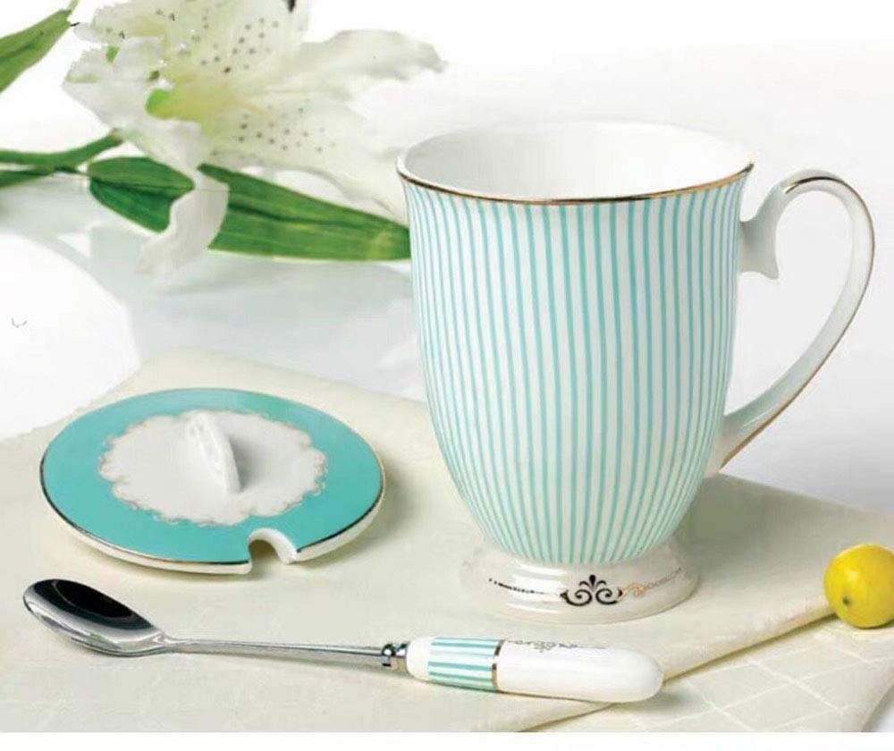 Ybk Tech Euro Style Porcelain Tea Cup Coffee Mug With Lid For Breakfast Home Kitchen ((Blue Stripe Pattern) (Blue))