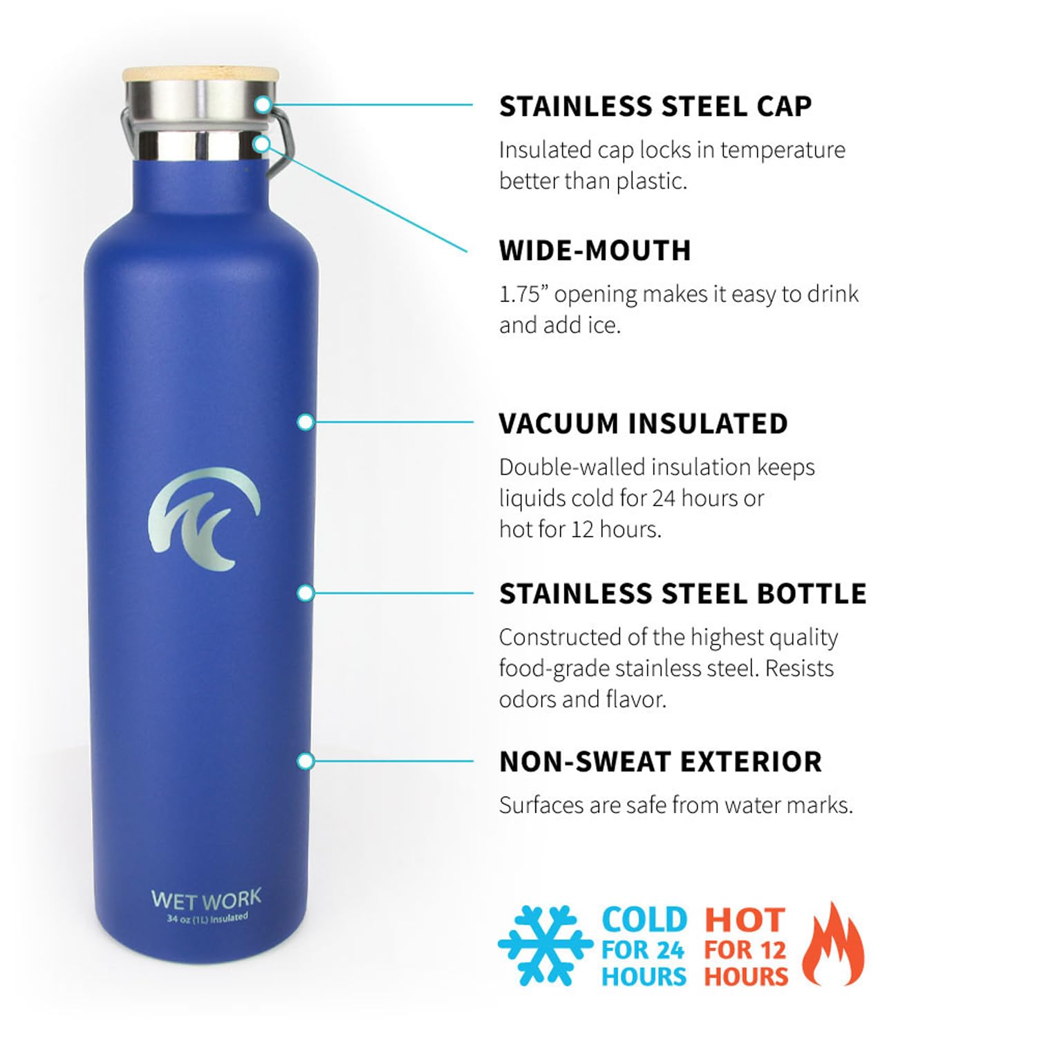Wet Work Stainless Steel Water Bottle For Hot And Cold Drinks - Double Wall Insulated Thermos For Water, Soda, Coffee, Tea With