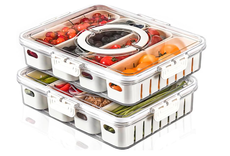 Yfuif 2 Pcs Portable Picnic Parties Fruit Tray, Fridge Food Veggie Condiment Divided Serving Preservation Storage Containers, Ki