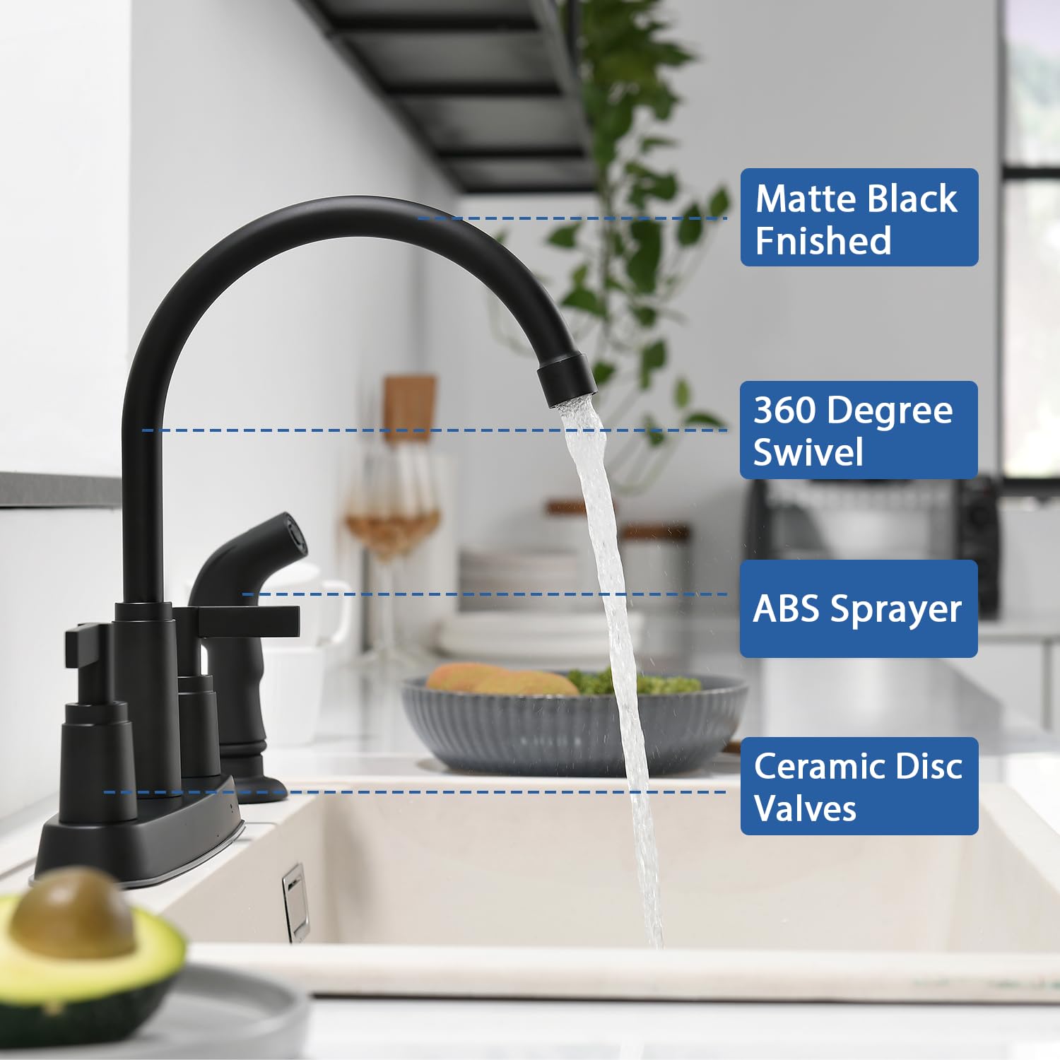 Black Kitchen Sink Faucet,Matte Black Kitchen Faucet With Sprayer,3 0R 4 Hole Kitchen Faucets For Rv Laundry Utility Kitchen Fau