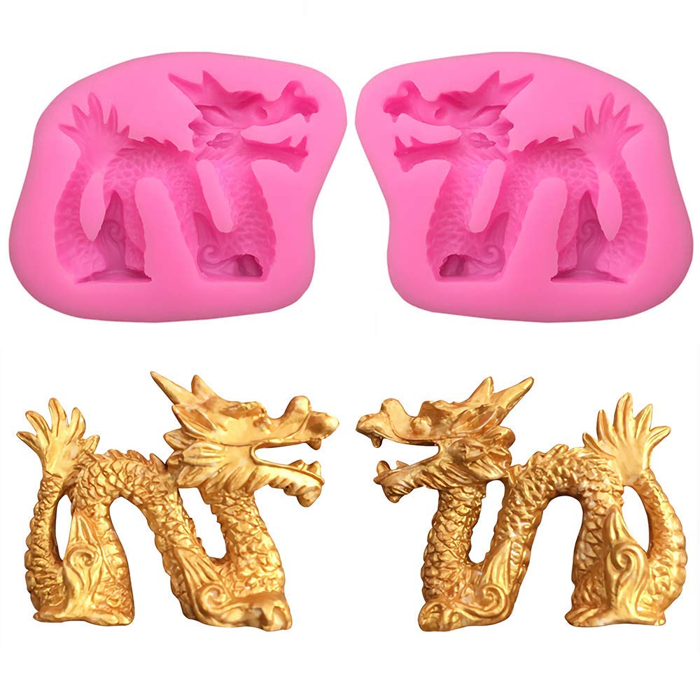 2Pcs/Set 3D Dragon Fondant Mold Chinese Zodiac Dragon Silicone Gum Paste Sugar Craft Mold For Cake Cupcake Topper Decorating Too