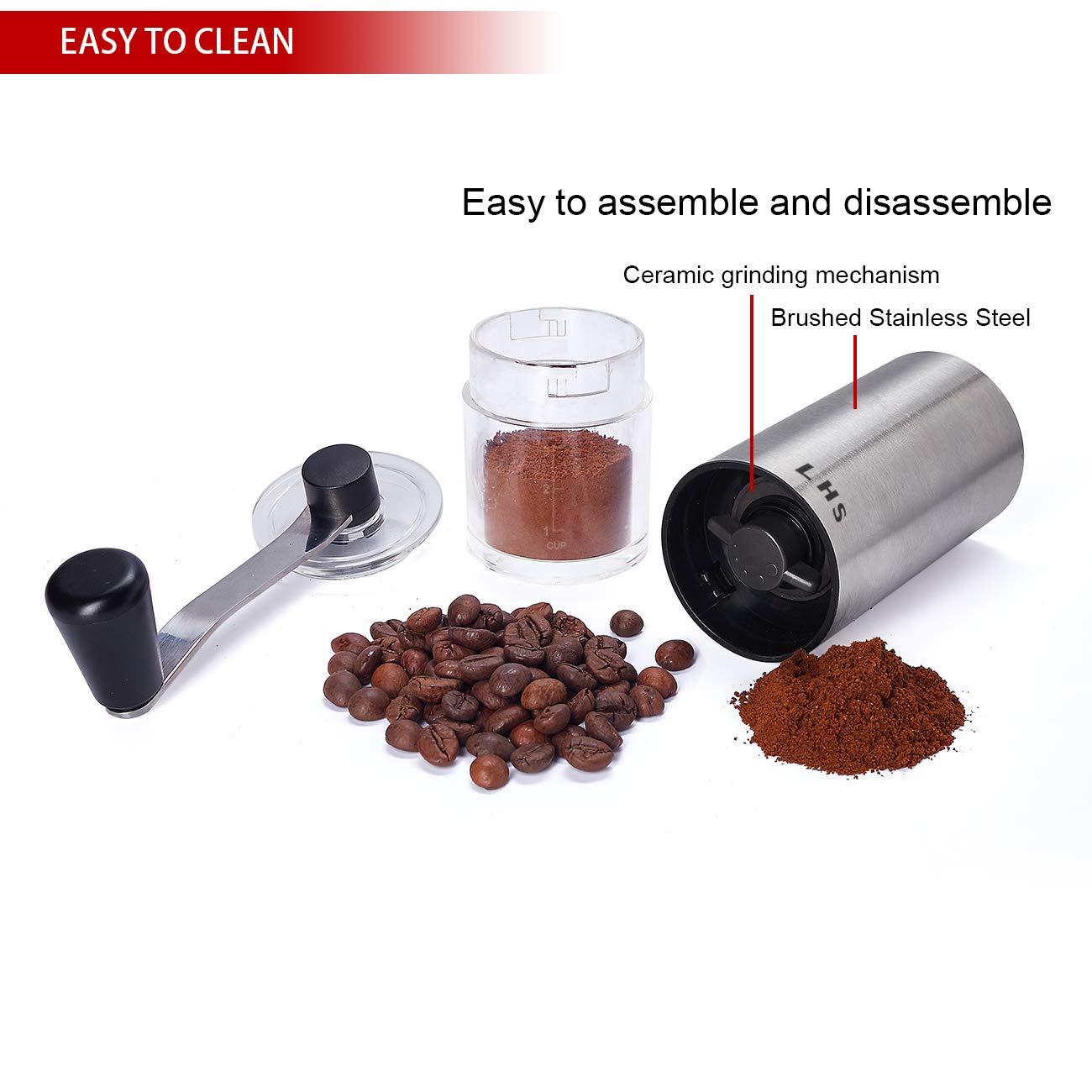 Lhs Manual Coffee Grinder With Ceramic Conical Burr Stainless Steel Hand Crank Mill For Drip Coffee, Espresso, French Press, Tur