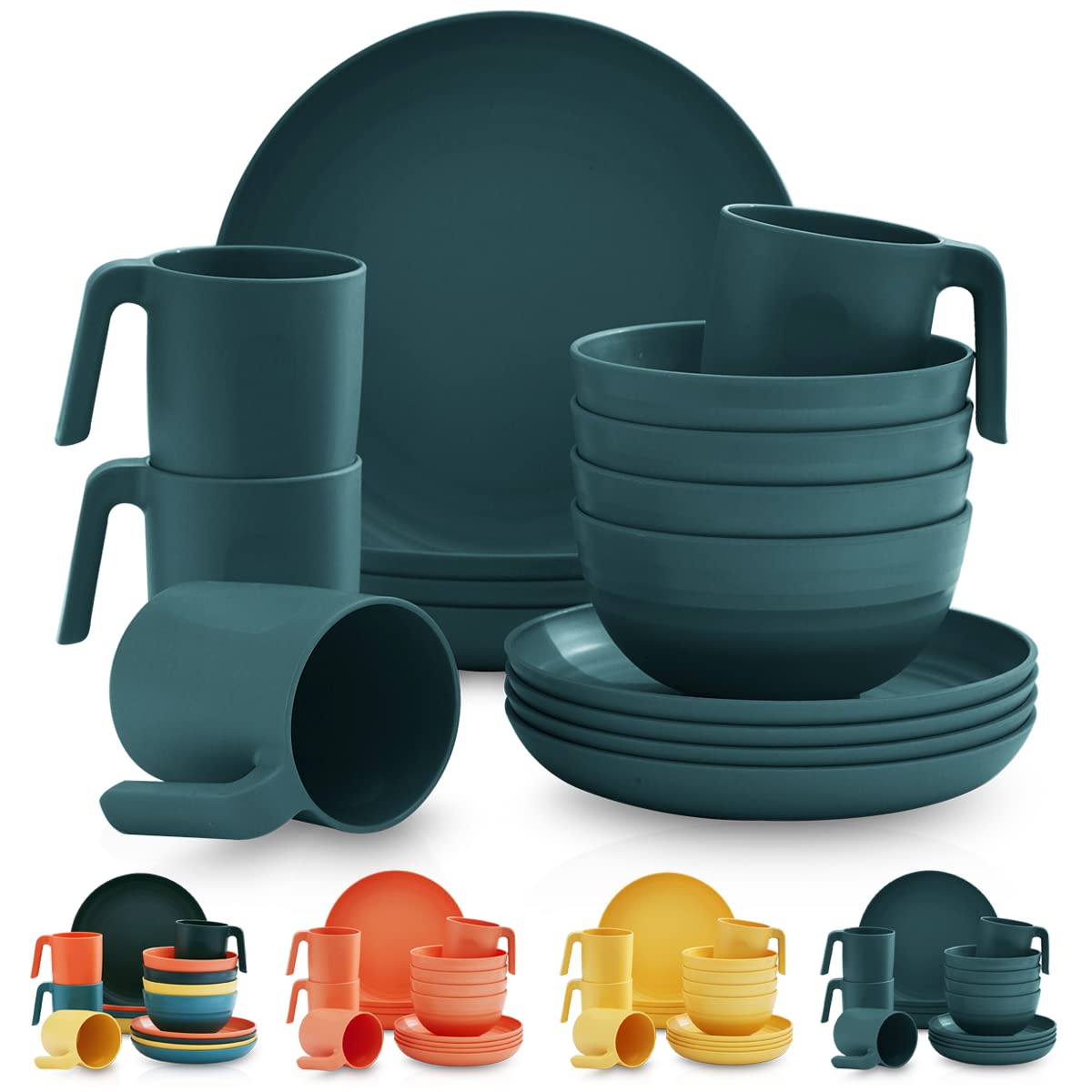 Kyraton 16-Piece Unbreakable Polypropylene Dinnerware Set, Dark Green, Microwave Safe