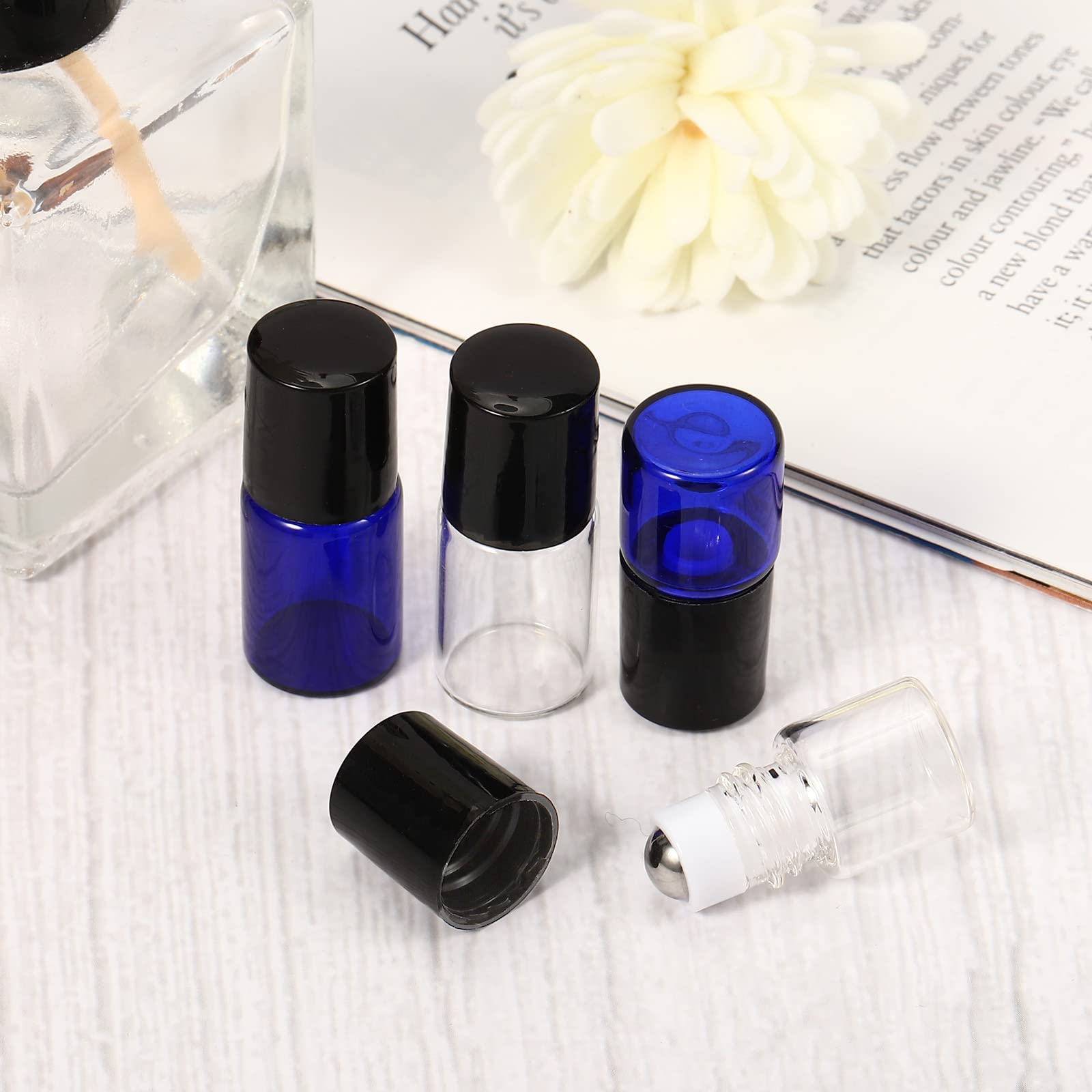 Sluswallow 2 Pcs Black Clear Empty Glass Essential Oil Roller Bottles Vials Containers Refillable Roll-On Bottles, 30Ml Refillab