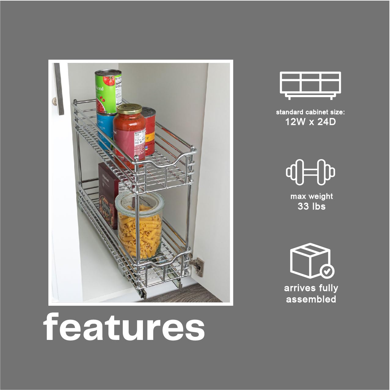 Household Essentials Narrow Sliding Cabinet Organizer, Two Tier Chrome Organizer, Chrome, Great For Slim Cabinets In Kitchen, Ba