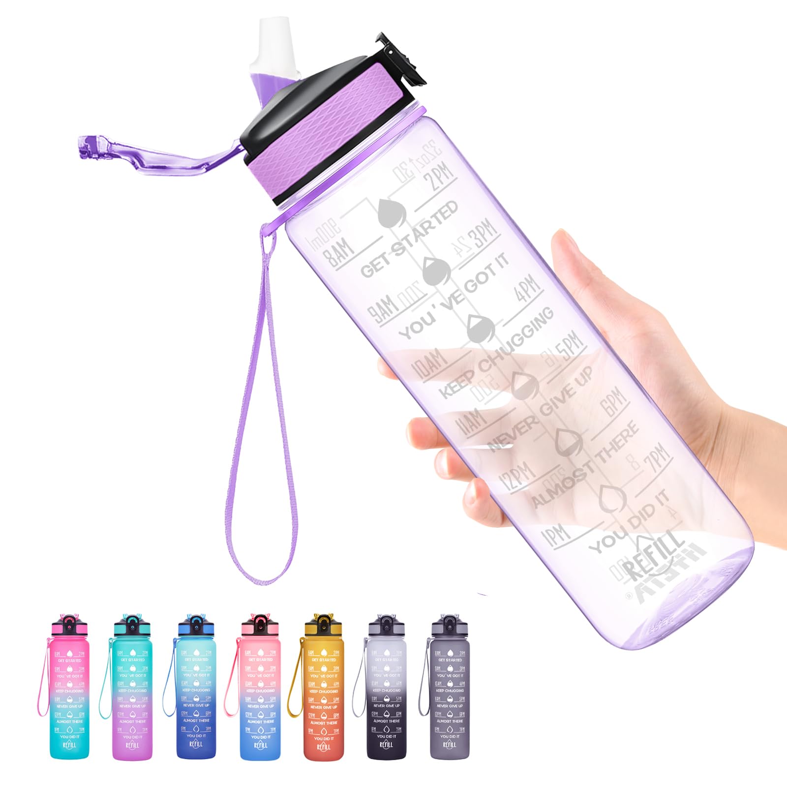 Hyeta Clear Water Bottle, 32 oz Motivational Water Bottles with Time Marker, Leakproof, Tritan and BPA Free, Drinking Sports Wat