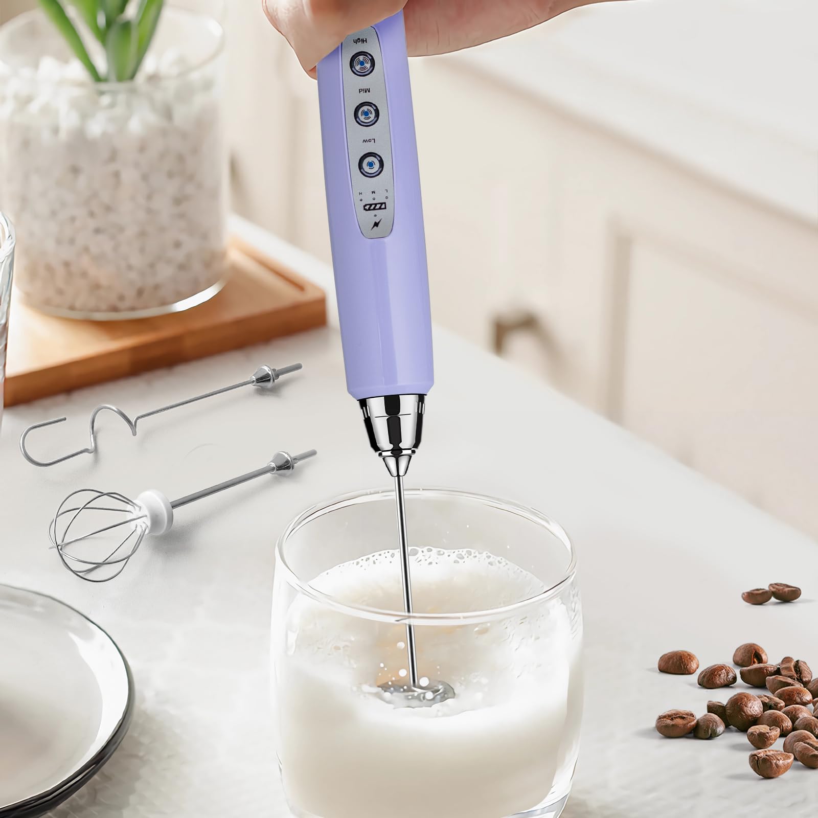 Sakgos Milk Frother Handheld Rechargeable - Electric Whisk 3 Speed Adjustable, Coffee Frother Wand With 3 Stainless Whisks, Elec