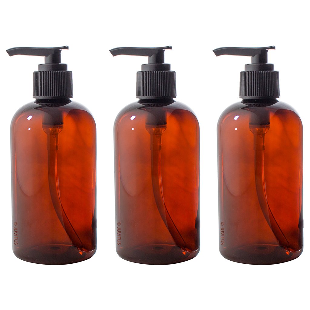 Amber 8 Oz Boston Round Pet Plastic Bottles (Bpa Free) With Black Lotion Pump (3 Pack)