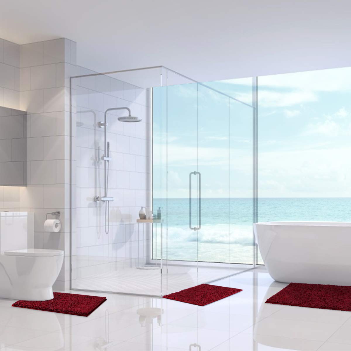 BYSURE Burgundy Bathroom Rugs Sets 3 Piece Non Slip Extra Absorbent Plush Chenille Soft Washable Bath Rugs and Mats Set
