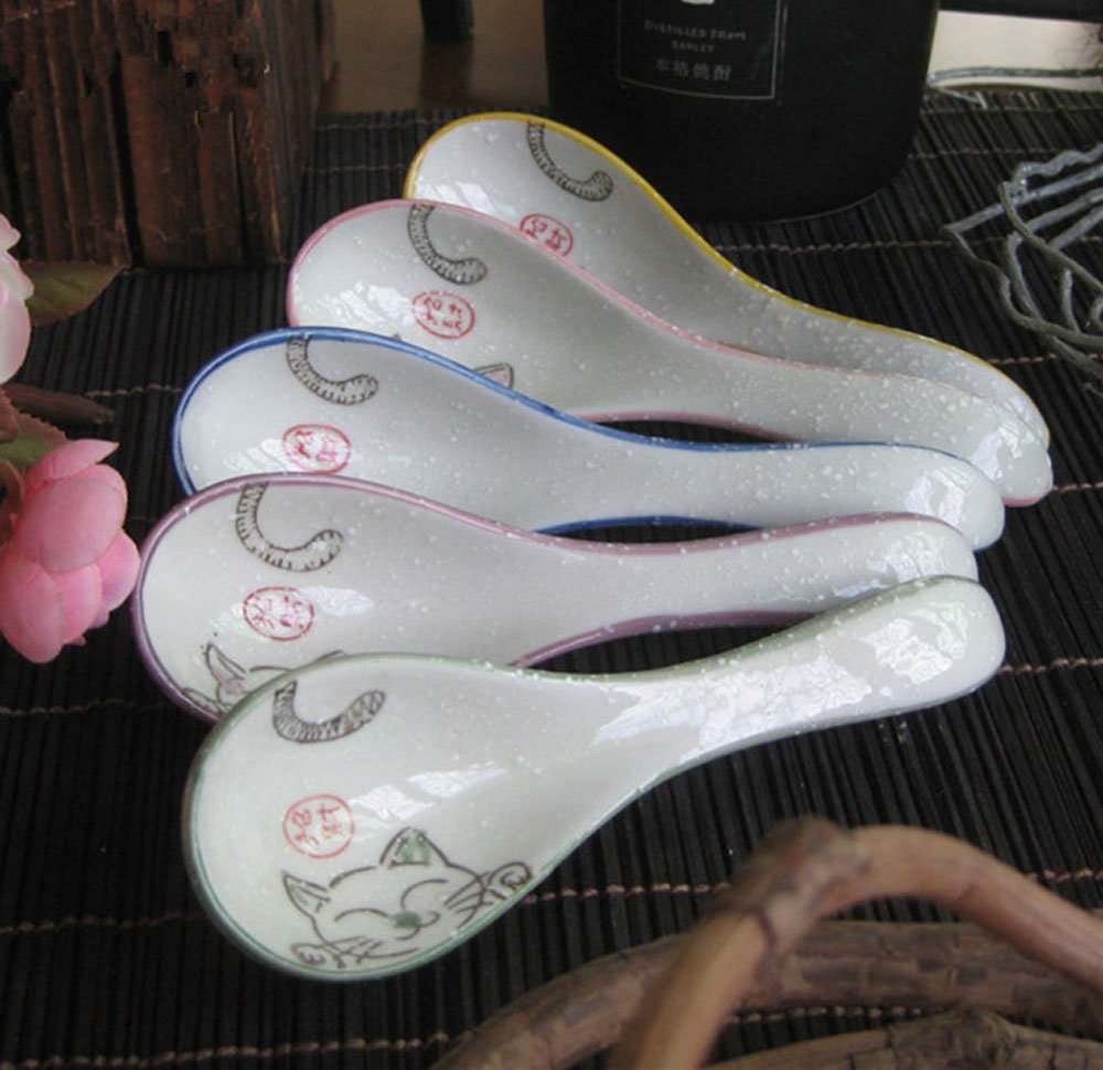 5Pcs Ceramics Japanese Fortune Cat Lucky Cat Hand Painted Soup Spoons