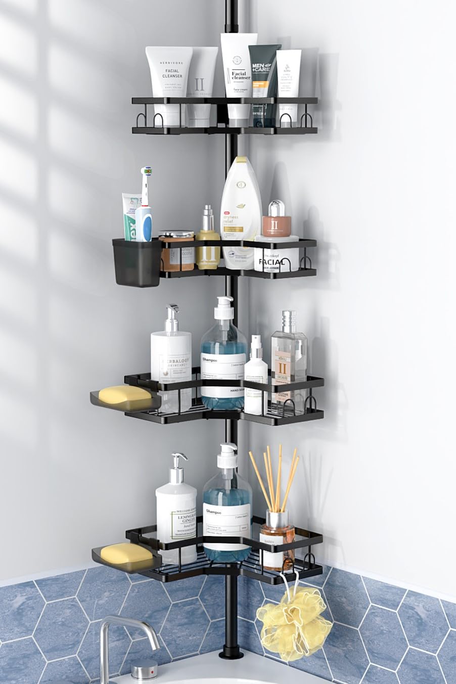 Aitatty Corner Shower Caddy Tension Pole: 4tier Adjustable Rustproof Bathroom Organizer Shelves - Bathtub Shampoo Rack 43.5-120 