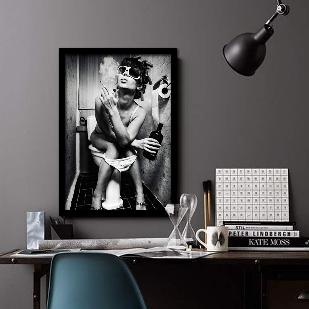 Woman Rest and Relax on Toilet Print Wall Art D?cor for Bathroom Toilet Cloakroom  Black and White Women in Bathroom Art Canvas Print Poster Pictures Paintings MuralsPortrait Photography No Frame