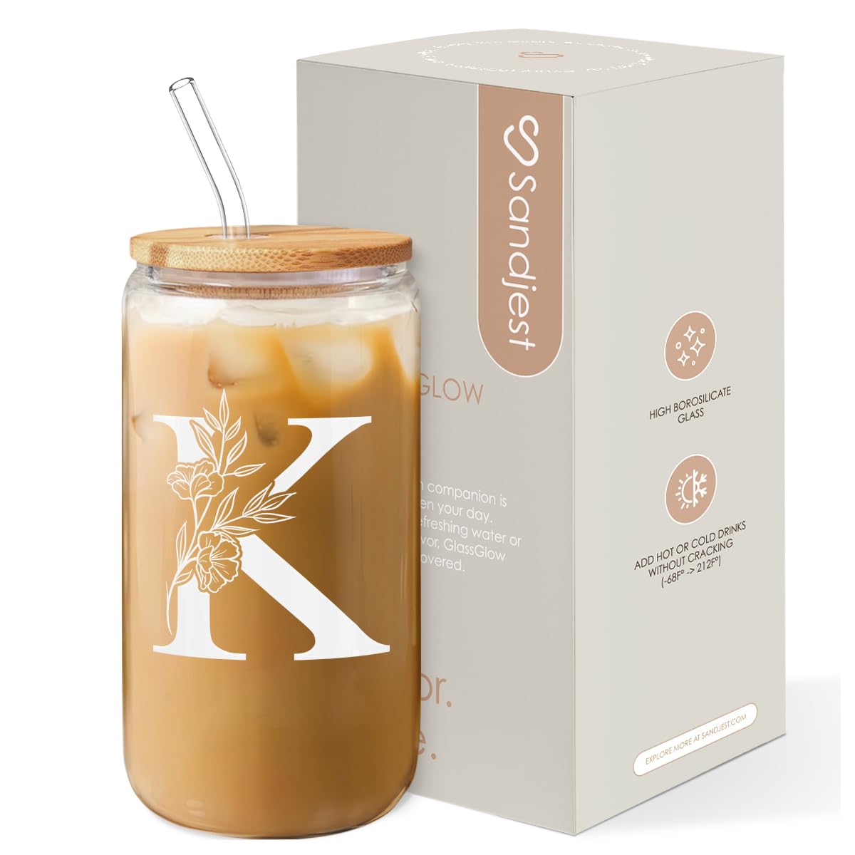 SANDJEST Monogrammed Gifts for Women - Monogram K Initial Glass Cup 16 Oz Can Coffee Cups with Lid and Straw - Monogram Initials