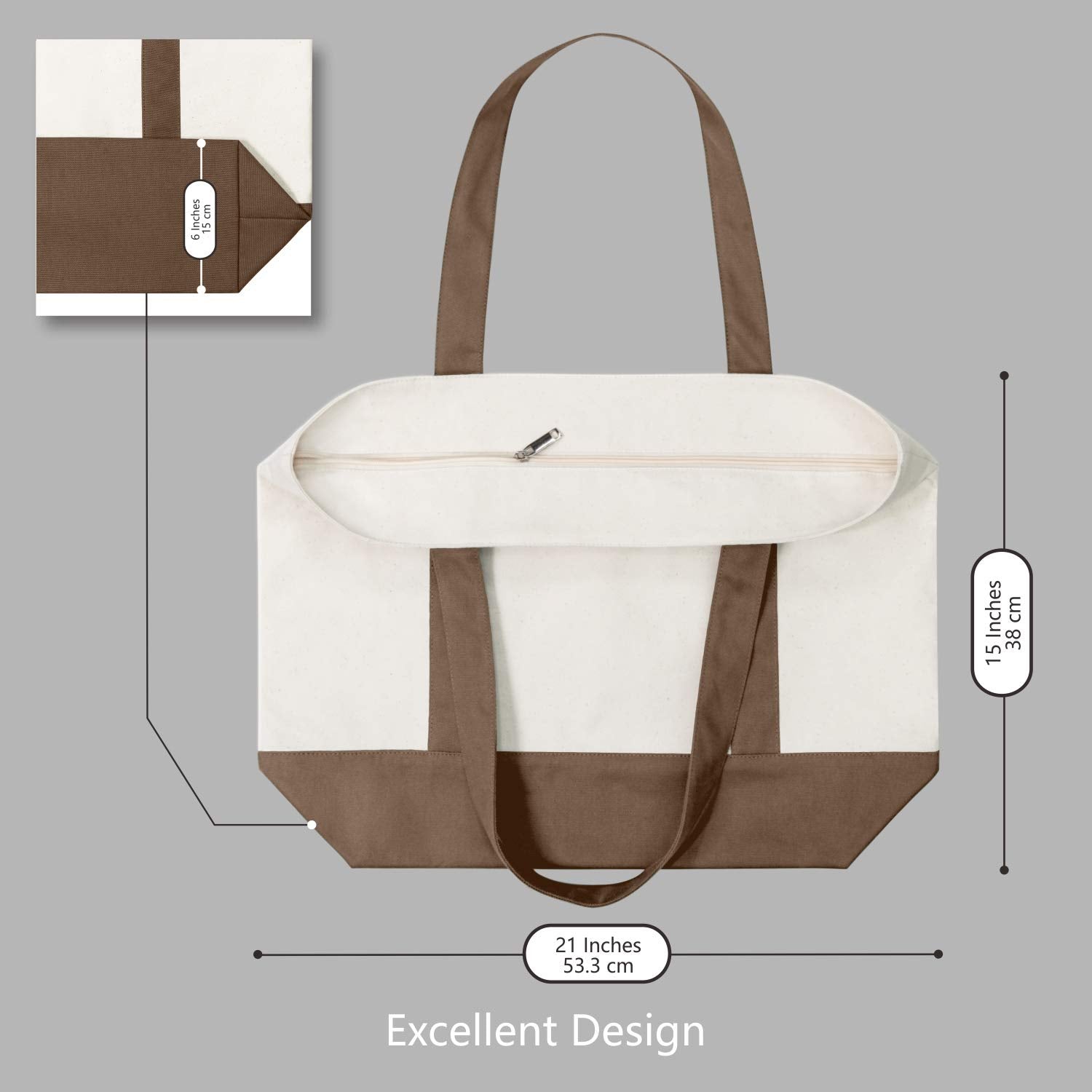 Topdesign Stylish Canvas Tote Bag With An External Pocket, Top Zipper Closure, Daily Essentials (Brown/Natural)