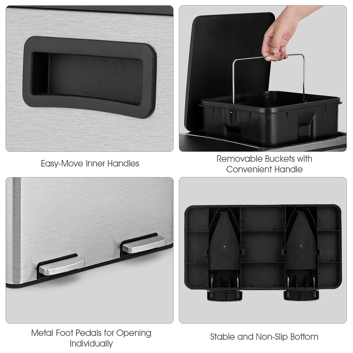 Tangzon 2X30L Recycling Pedal Bin, Double Kitchen Waste Bin With Plastic Inner Buckets & 1/2Handles, Fingerprint Proof Airtight