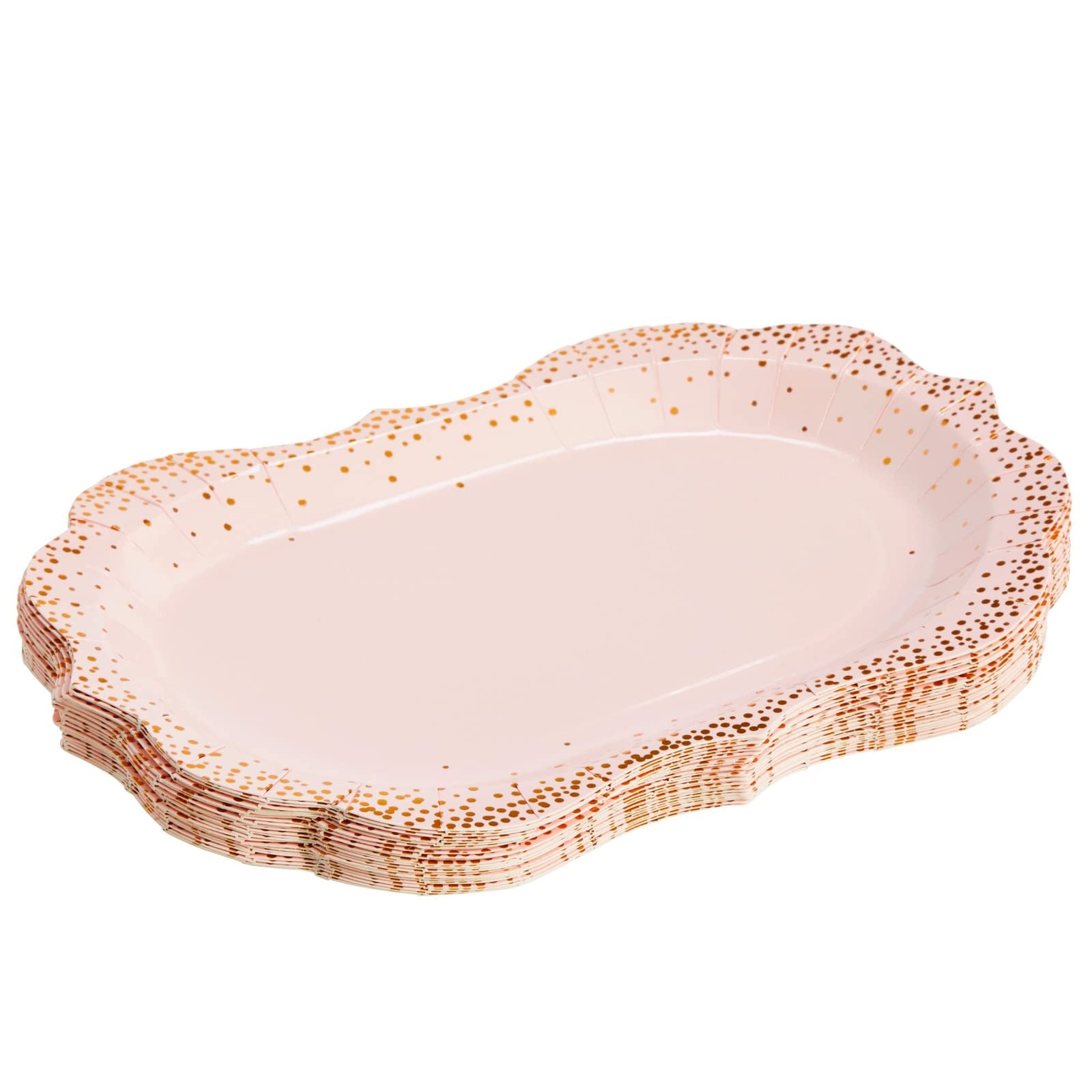 Sparkle And Bash 24-Pack Pink Disposable Serving Trays, Gold Foil Polka Dotted Party Platters For Wedding, Birthday, Tea Party,