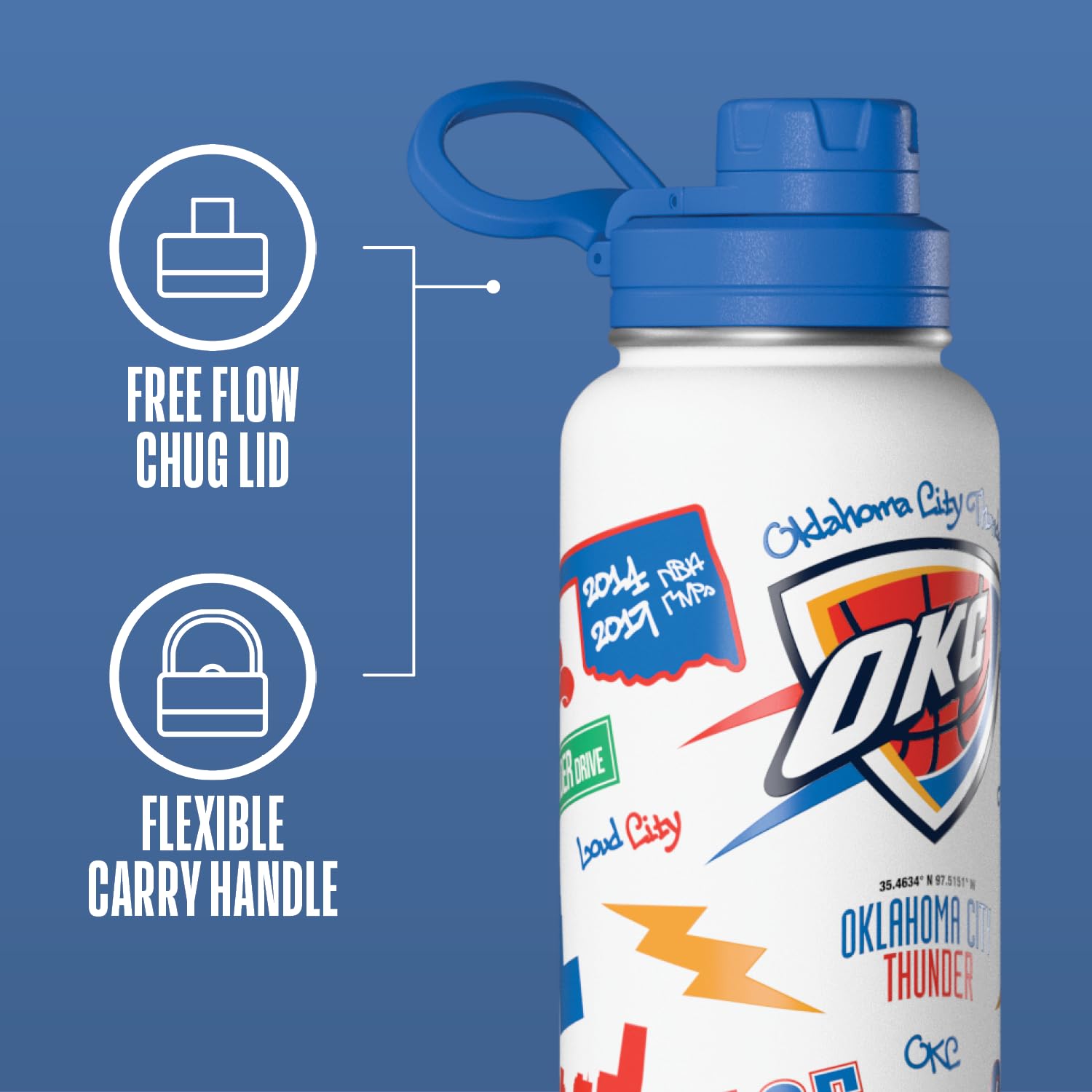 Hydrapeak x NBA Officially Licensed Oklahoma City Thunder 32 oz Active Water Bottle with Chug Lid Reusable Stainless Steel Doubl