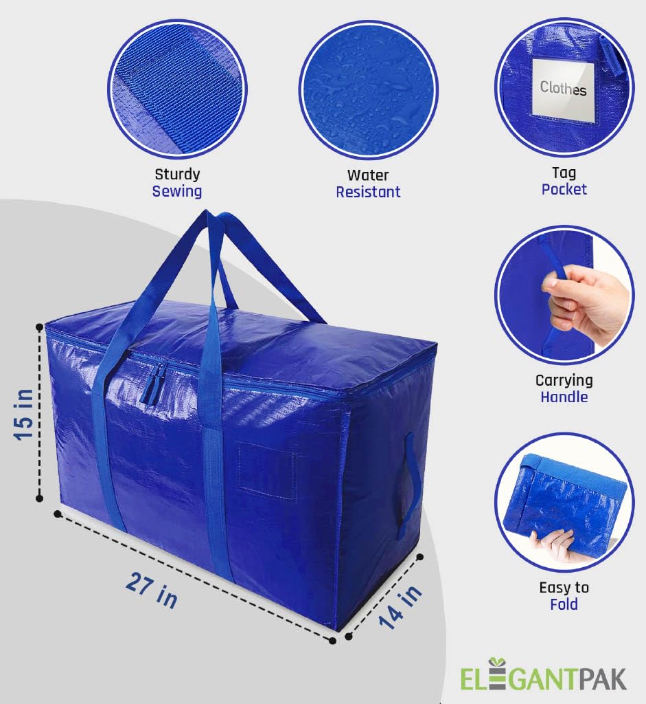 Elegantpak 6 Pack Extra Large Heavy-Duty Moving Bags With Carrying Handles & Zippers, Storage Tote For Space Saving, Folds Flat