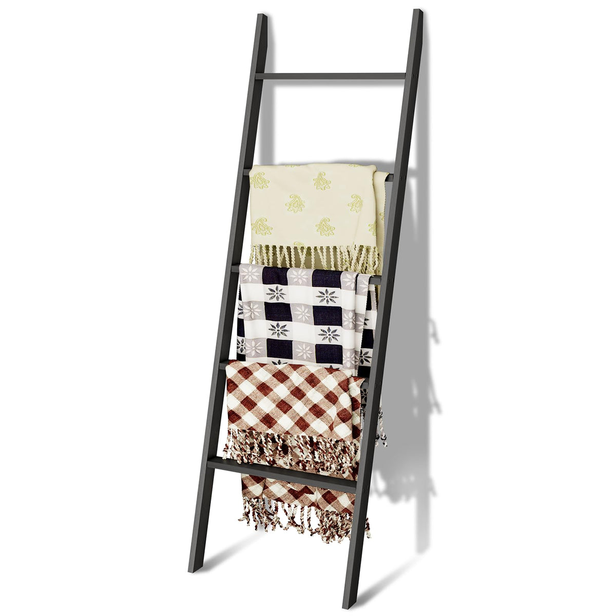 5-Tier Blanket Ladder Wooden, Non-Folding 4.8Ft(57.5'') Blanket Quilt Towel Holder Rack Decorative Ladder, Easy Assembly, Rustic