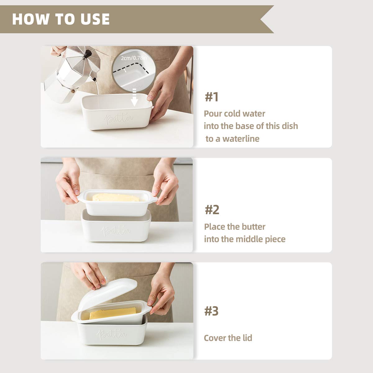 FE Butter Dish  10 oz Ceramic Butter Keeper with Water Line  French Butter Dish with Lid for Countertop (White)