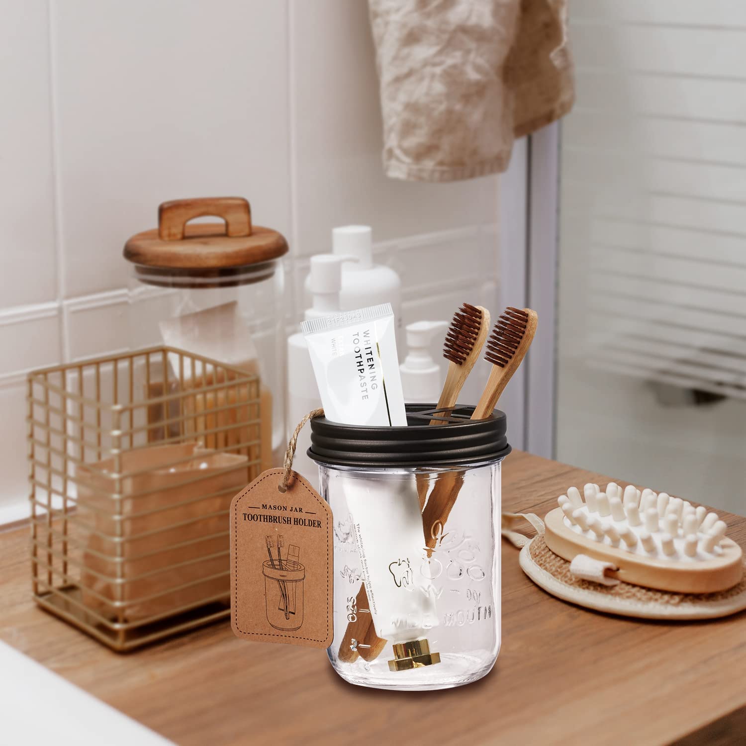 Amolliar Mason Jar Toothbrush Holder- Rustproof Stainless Steel - Holds 2 Toothbrushes And Toothpaste,With Chalkboard Labels - F