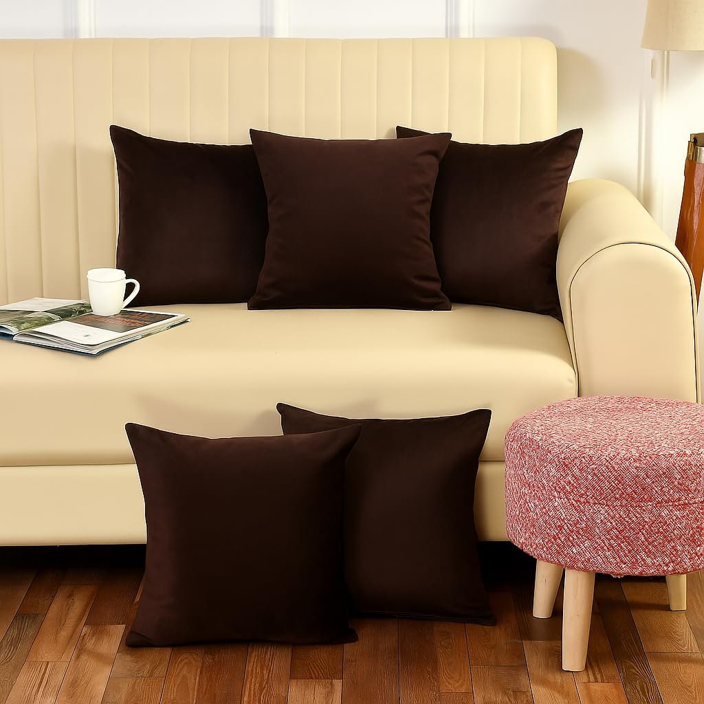 Stuffique Velvet Throw Pillow Cover Solid Plain Cushion Covers Set Of 5 For Sofa Couch Bed Chair 12 X 12 Inch, Brown