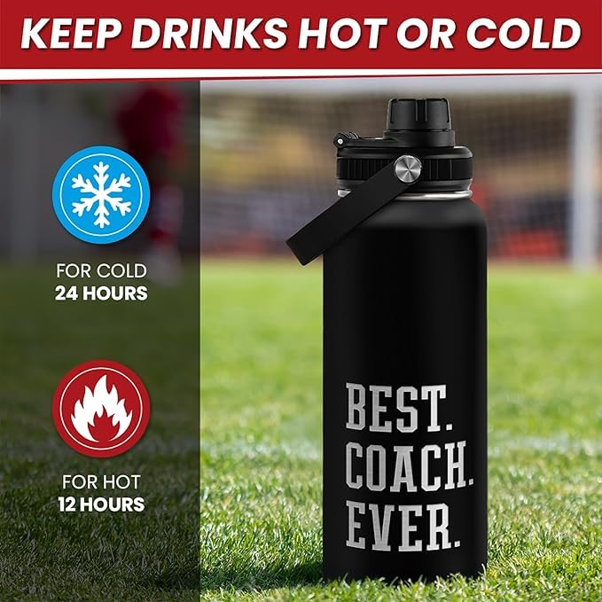 Sport Coach Insulated Engraved Stainless Steel Water Bottle 32oz, Best Coach Ever, Vacuum Chug Lid Travel Tumbler For Men Friend