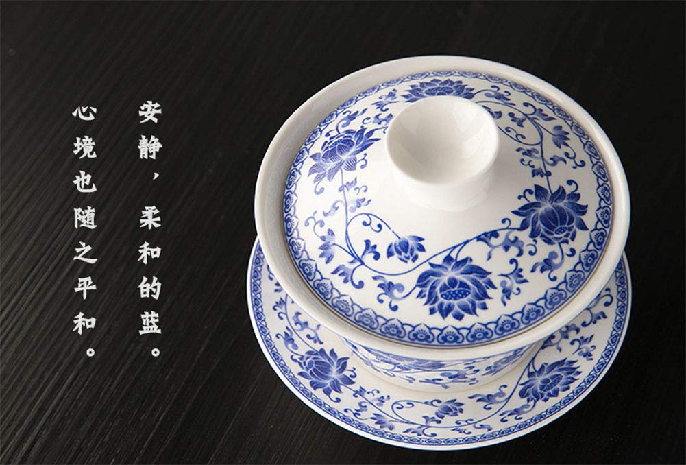 Liang Baobao Traditional Gaiwan Tea Set With Lid And Saucer Gongfu Tea Cup Porcelain Blue Lotus Design Teacups 200Ml