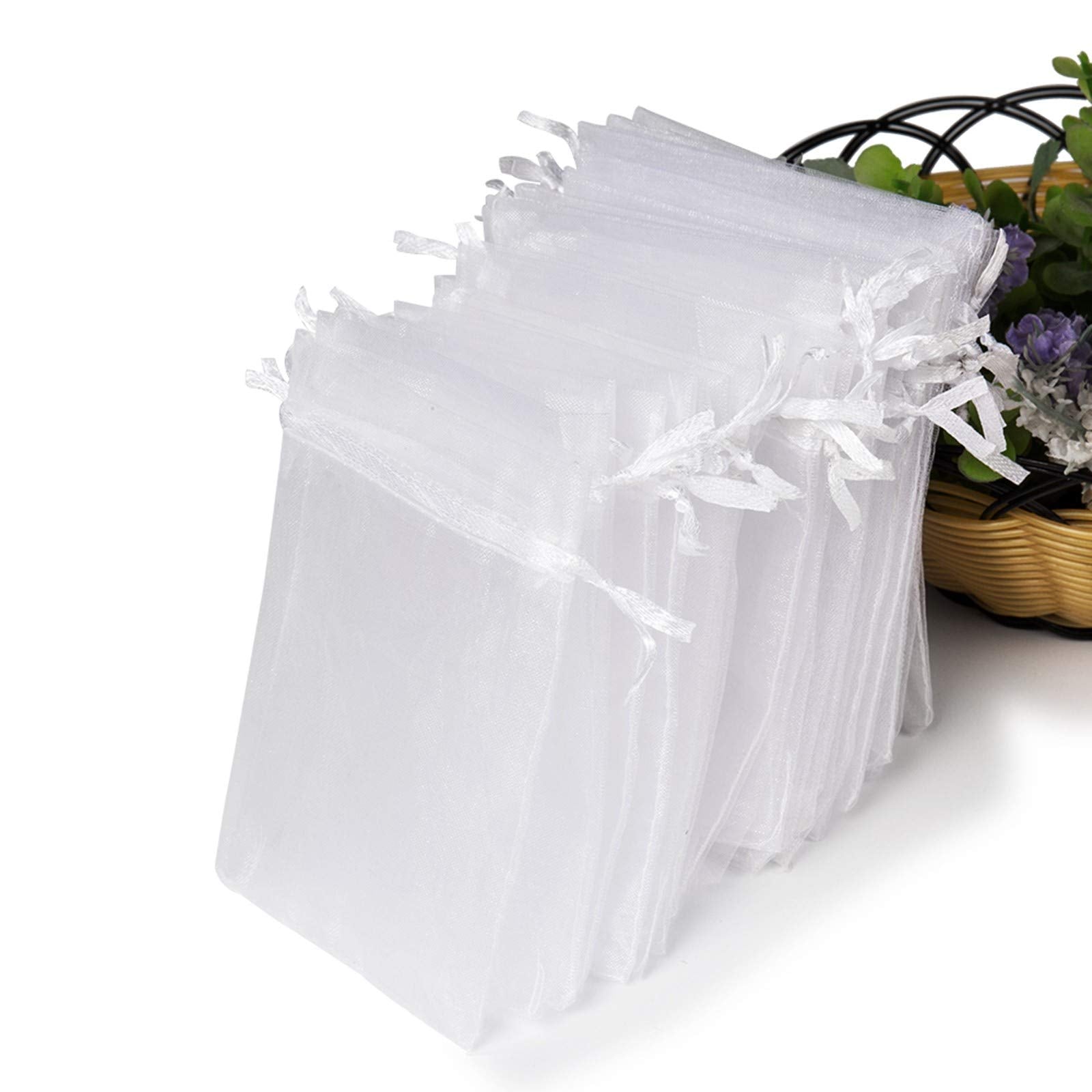 Hopttreely White Sheer Organza Gift Bags, 4X4.72 Pouches Candy Jewelry Wedding Party Favor Present Bags Wrapping Supplies 50Pcs
