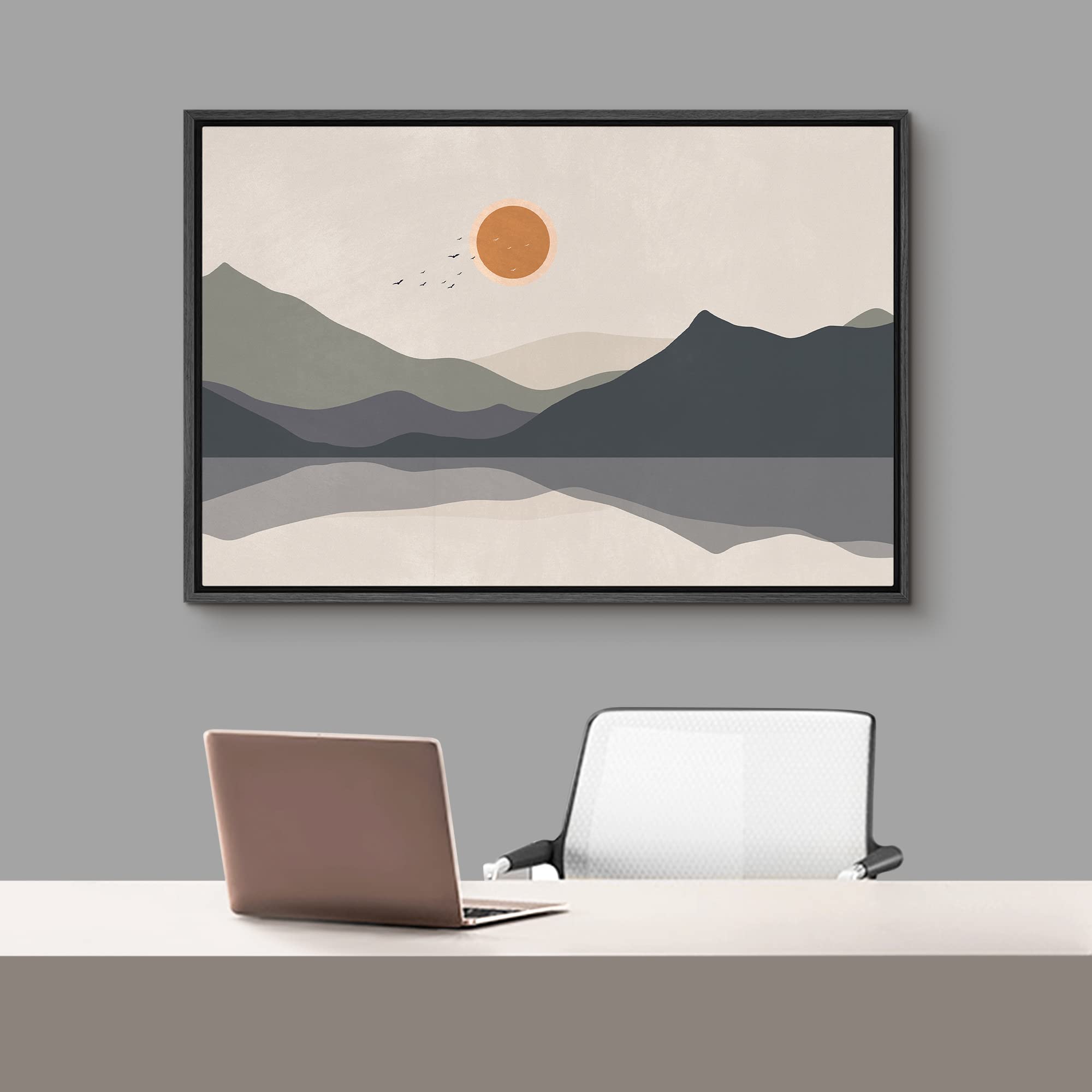 Signford Framed Canvas Print Wall Art Pastel Mountain Lake Reflection Nature Wilderness Illustrations Modern Art Decorative Boho