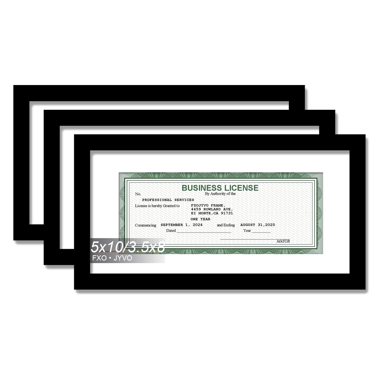 Fxojyvo Black 5 x 10 Frame Set of 3, Display Business License 3.5x8 with Mat or Picture 5x10 Without Mat Desktop or Wall for Lic