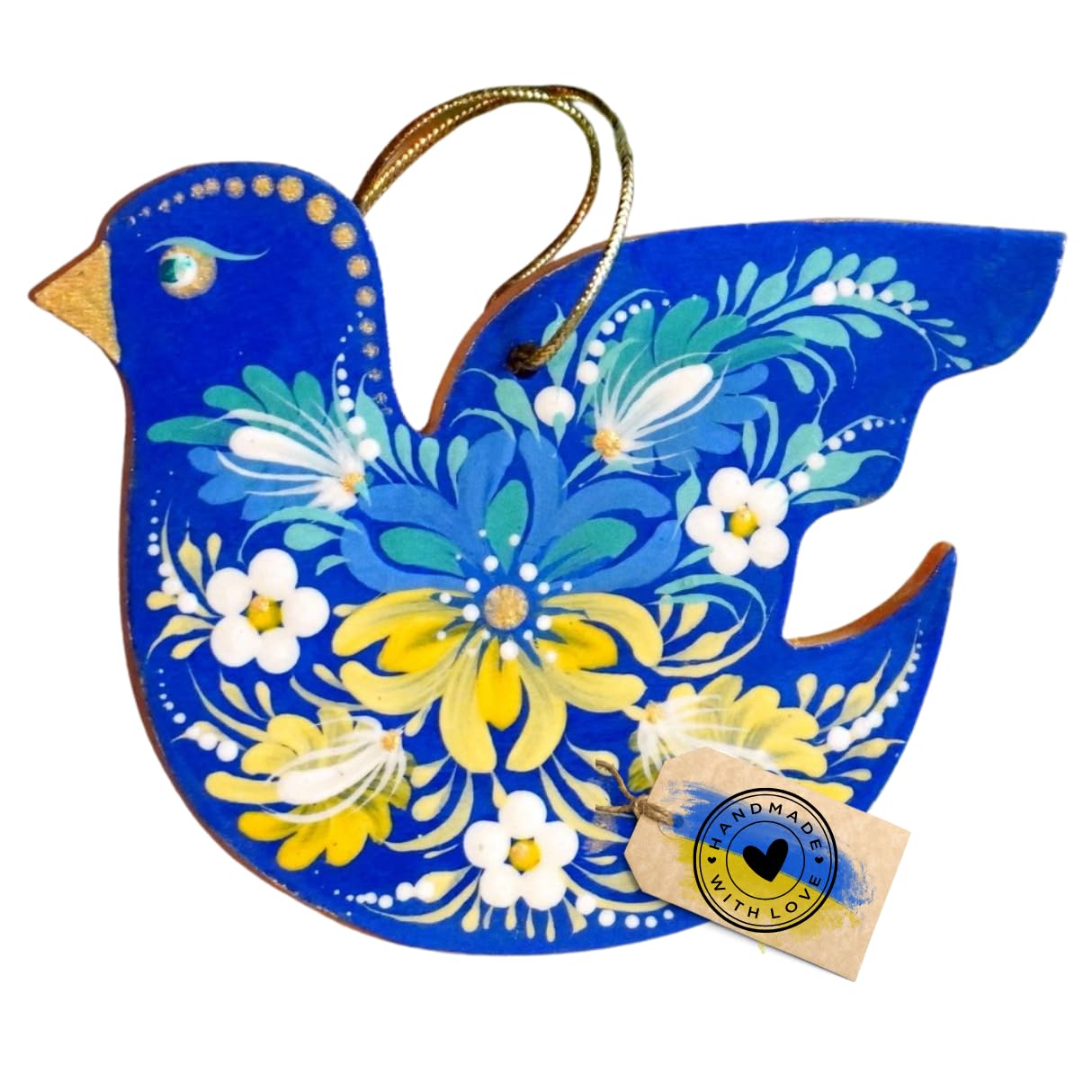 Bird Ornament Made of Wood Hand-Painted 2,8 x 3,5 x 0,2 inch Traditional Ukrainian Christmas Ornament and Easter Decor with Petr