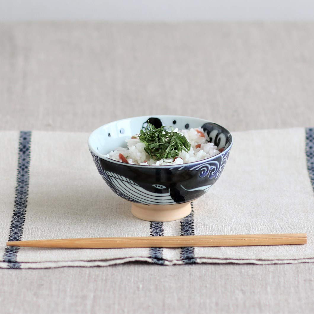 Minoru Touki White Wave Whale Blue Ceramic Rice Bowl Small Set Of 2 F4.4  H2.4In 11.29Oz