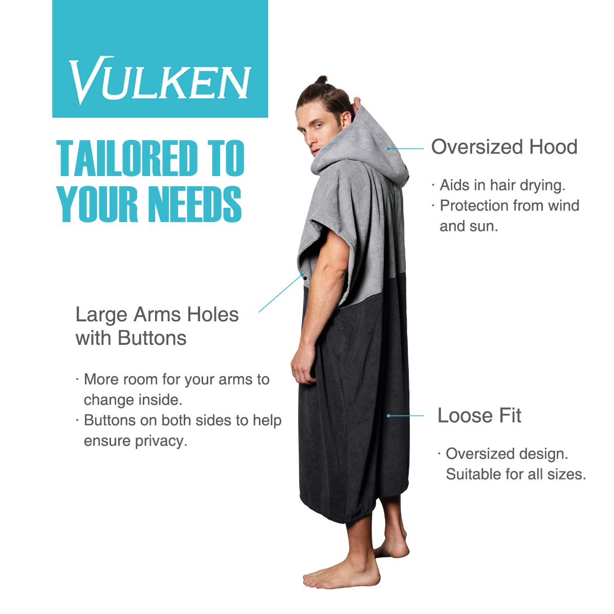 Vulken Extra Large Thick Hooded Beach Towel Changing Robe. Surf Poncho Men For Easy Change In Public. Quick Dry Microfiber Towel