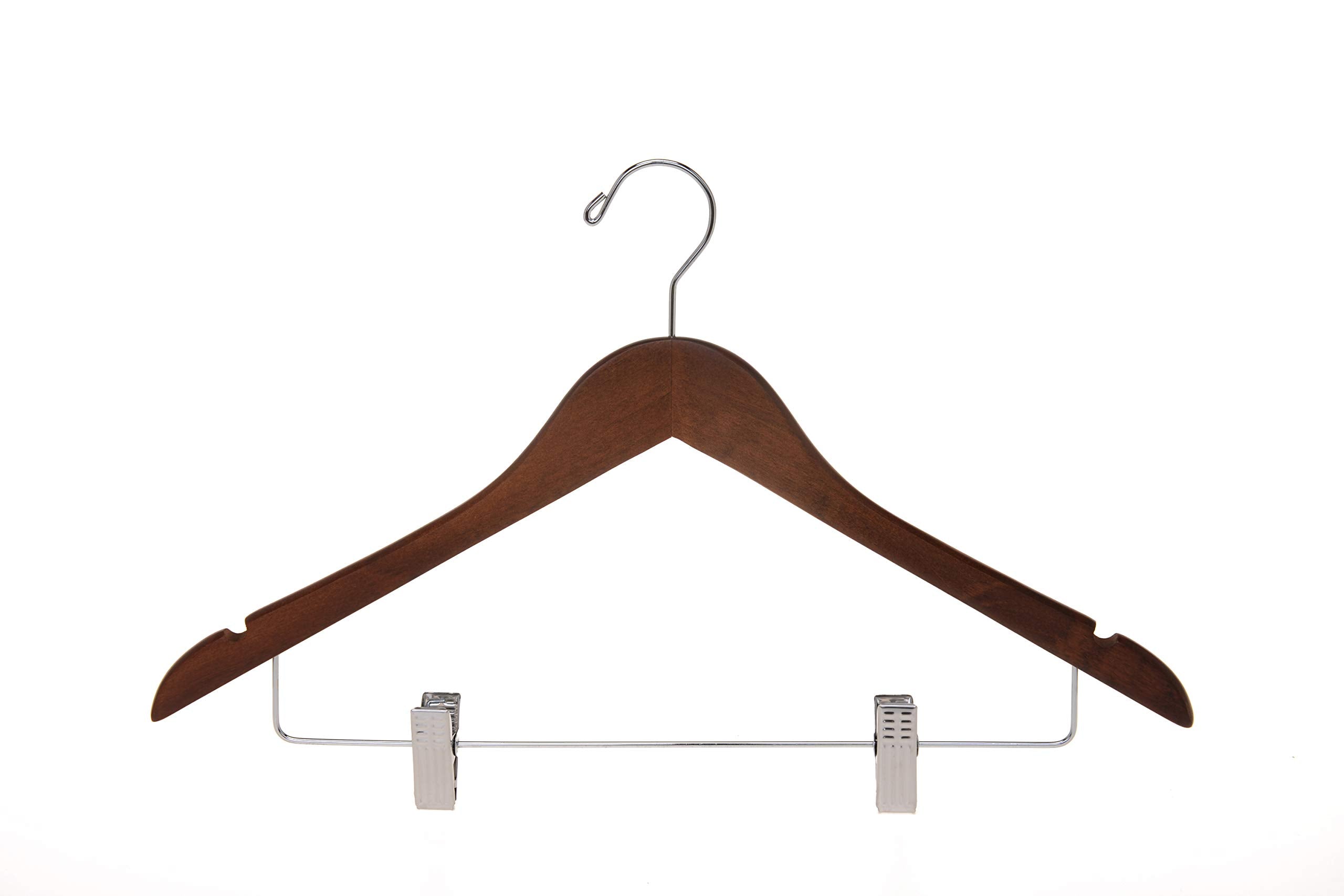 Quality Wooden Skirt Hangers with Clips  10-Pack Smooth Solid Wood Pants Hangers with Durable Adjustable Metal Clips  Swivel Hook  Coat  Jacket  Blouse Suit Hangers (Walnut - Chrome Hook  10)