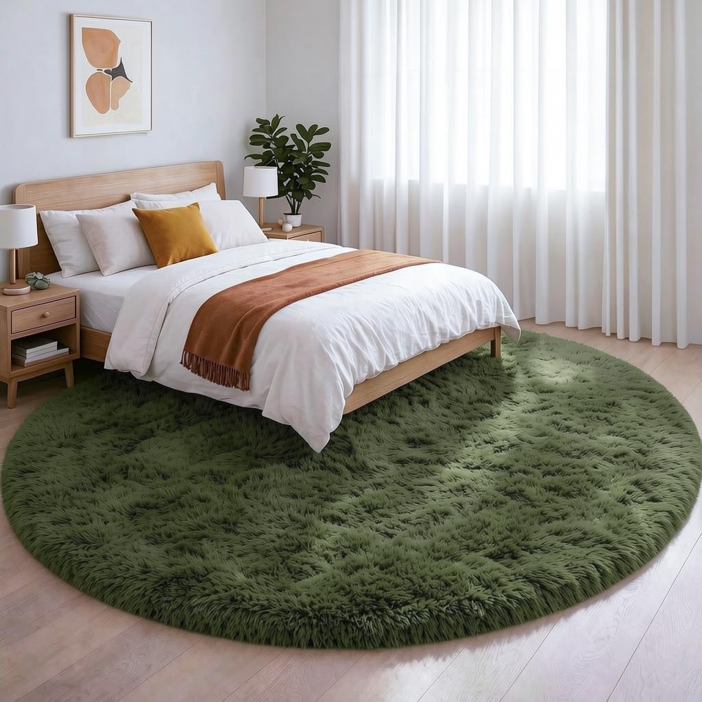 Amdrebio Olive Green Round Rug 5Ft for Living Room Bedroom, Fluffy Shaggy Modern Circle Area Rugs for Kids Room, Soft Plush Fuzz
