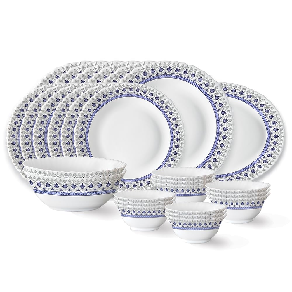 Larah By Borosil Ocean Fluted Series Opalware Dinner Set | 27 Pieces For Family Of 6 | Microwave & Dishwasher Safe | BoneAsh Fr