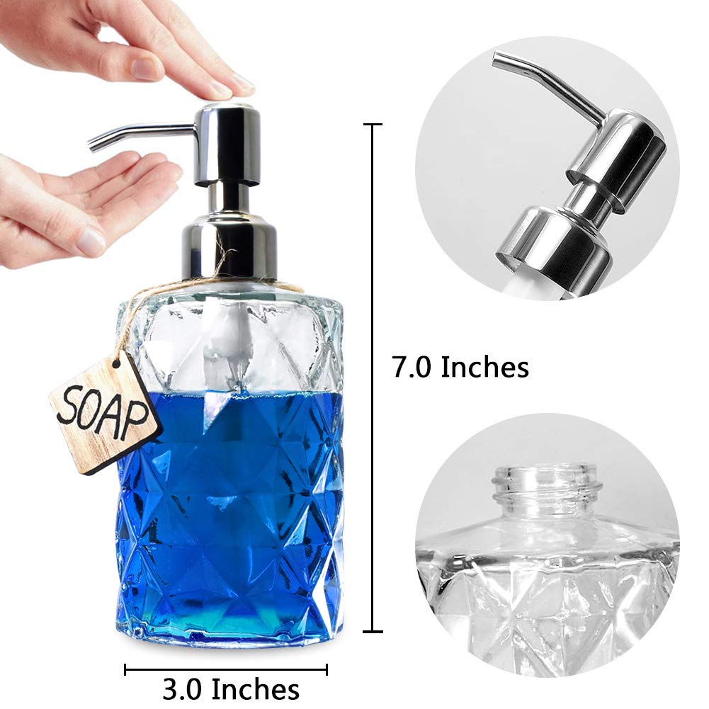 Jasai Diamond Design Glass Soap Dispenser With Pump 304 Stainless Steel Bathroom Soap Dispenser For Hand Soap, Soap, Lotion (Tra