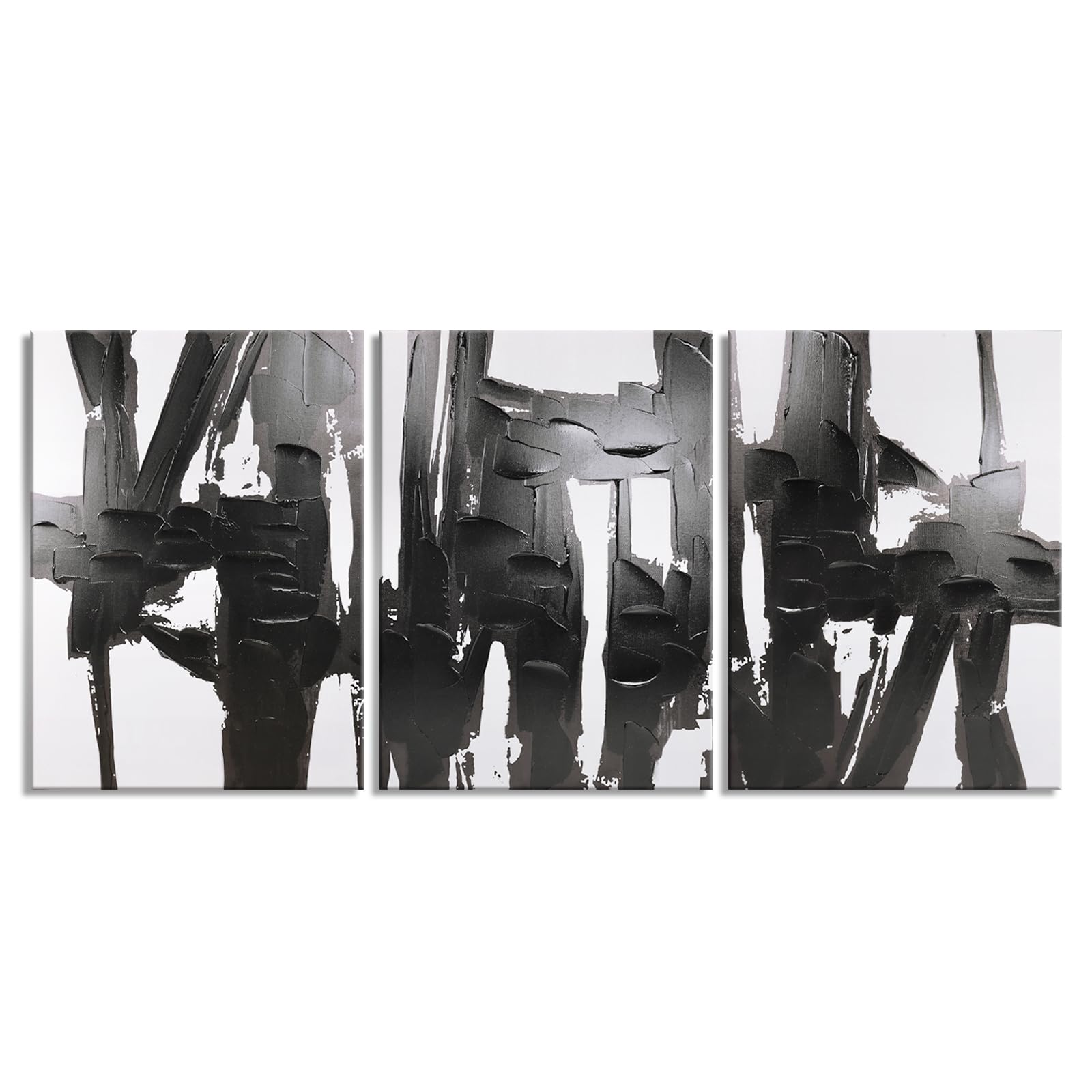 Pinetree Art 3 Panels Black And White Abstract Canvas Wall Art Prints 3D Textured Painting For Living Room (Small)