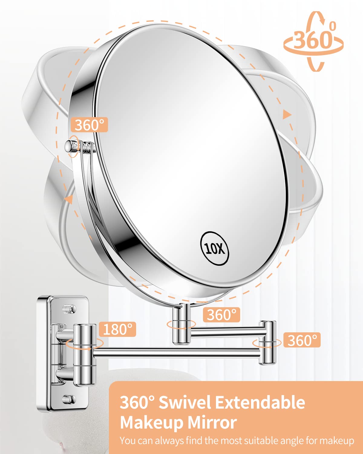 Gospire 9 Inch Extra Large Wall Mounted Mirror with 1X/10X Magnification, 360 Swivel & Extendable, Chrome Polished Finish for Ba