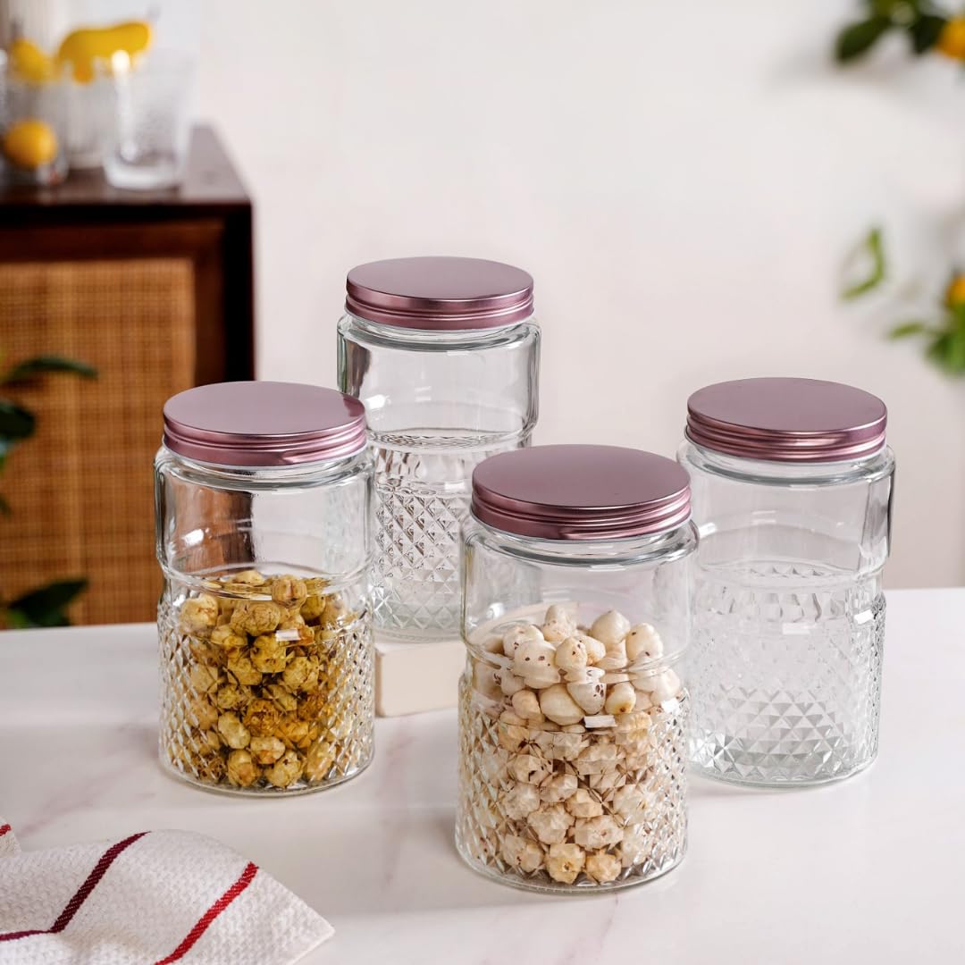 Nestasia Set Of 4 Glass Jars (1000Ml Each), Transparent Glass Jars & Containers For Kitchen Storage With Airtight Metal Lid - Fo
