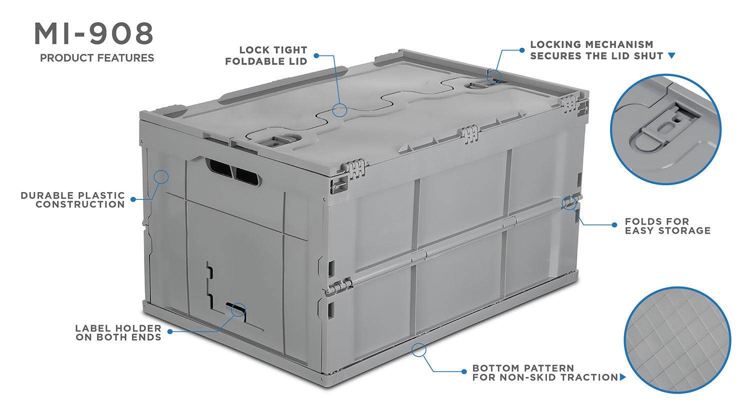 Mount-It! Folding Plastic Storage Crate  PACK OF 3  Collapsible Utility Distribution Container with Attached Lid  65L Liter Capacity  Gray