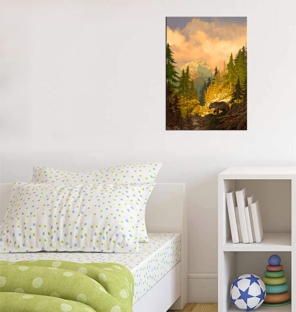 arteWOODS Autumn Forest Mountain Wall Art Bear Canvas Picutres for Bedroom Living Room Wall Decor Modern Landscape Canvas Artwork Contemporary Nature Picture Prints Framed Ready to Hang 20'' x 28''
